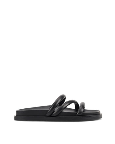 Women's black leather strappy footbed slides