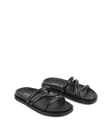 Women's black leather strappy footbed slides