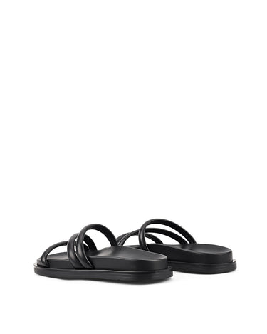 Women's black leather strappy footbed slides