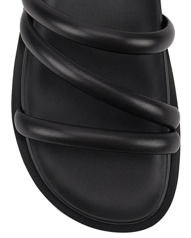 Women's black leather strappy footbed slides