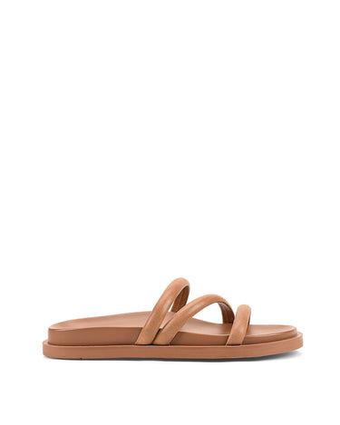 Women's brown leather strappy footbed slide