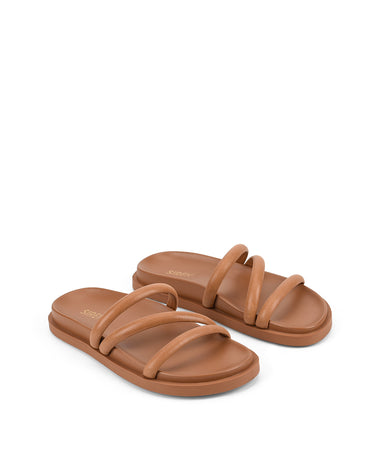 Women's brown leather strappy footbed slide