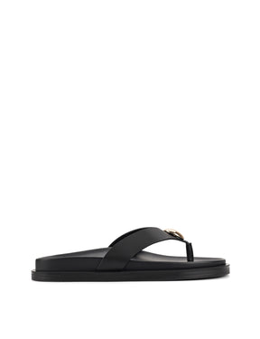 Women's black leather footbed thong with gold embellishment 