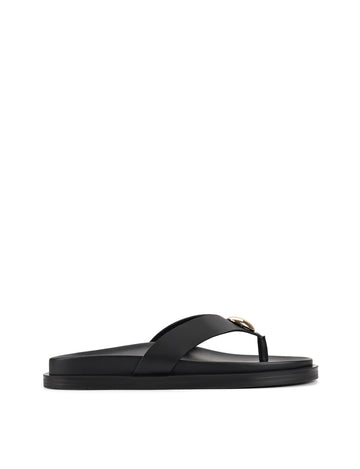Women's black leather footbed thong with gold embellishment 