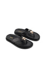 Women's black leather footbed thong with gold embellishment 