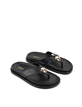 Women's black leather footbed thong with gold embellishment 