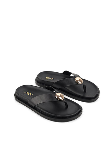 Women's black leather footbed thong with gold embellishment 