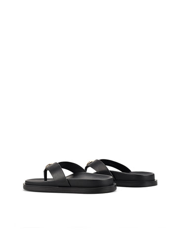 Women's black leather footbed thong with gold embellishment 