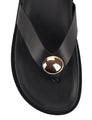 Women's black leather footbed thong with gold embellishment 