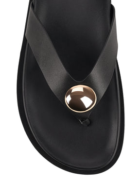 Women's black leather footbed thong with gold embellishment 