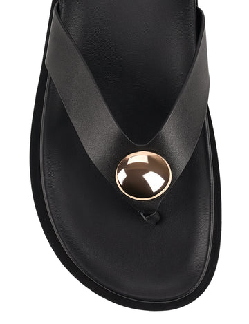 Women's black leather footbed thong with gold embellishment 