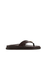 Women's chocolate brown leather footbed slide thongs with flat sole and gold embellishment