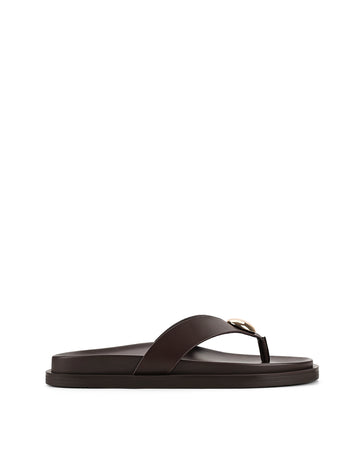 Women's chocolate brown leather footbed slide thongs with flat sole and gold embellishment
