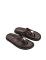 Women's chocolate brown leather footbed slide thongs with flat sole and gold embellishment