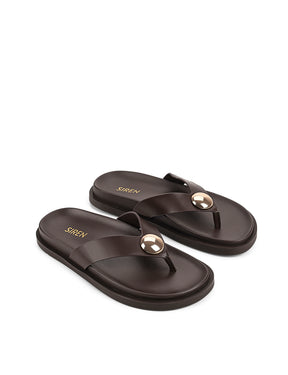 Women's chocolate brown leather footbed slide thongs with flat sole and gold embellishment