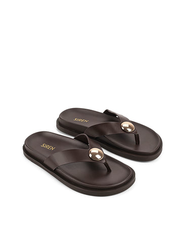 Women's chocolate brown leather footbed slide thongs with flat sole and gold embellishment