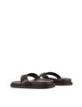 Women's chocolate brown leather footbed slide thongs with flat sole and gold embellishment
