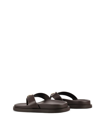 Women's chocolate brown leather footbed slide thongs with flat sole and gold embellishment