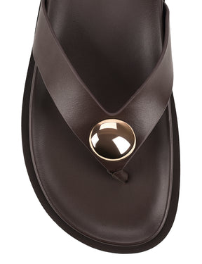 Women's chocolate brown leather footbed slide thongs with flat sole and gold embellishment