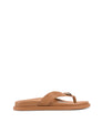 Women's tan leather leather footbed slide thongs with flat sole and gold embellishment