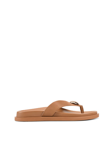 Women's tan leather leather footbed slide thongs with flat sole and gold embellishment