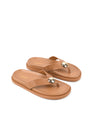 Women's tan leather leather footbed slide thongs with flat sole and gold embellishment