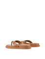 Women's tan leather leather footbed slide thongs with flat sole and gold embellishment