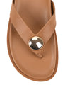 Women's tan leather leather footbed slide thongs with flat sole and gold embellishment