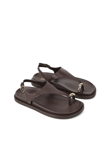 Women's chocolate brown footbed leather sandals with gold accent toe ring
