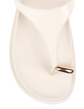 Women's white cream leather sandal with footbed sole and gold accent details