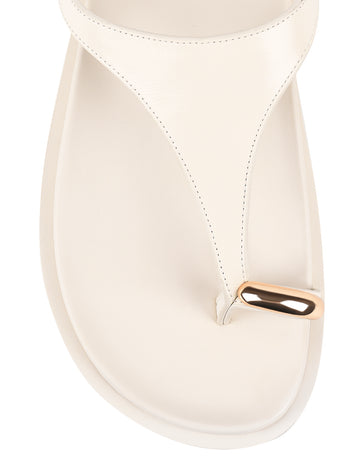 Women's white cream leather sandal with footbed sole and gold accent details
