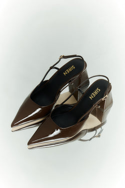 Women's chocolate brown patent leather slingback block heel with buckle fastening and pointed toe