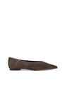 Women's chocolate brown suede flat pump with pointed toe