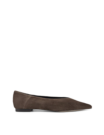 Women's chocolate brown suede flat pump with pointed toe