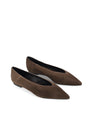 Women's chocolate brown suede flat pump with pointed toe
