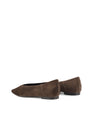 Women's chocolate brown suede flat pump with pointed toe