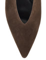Women's chocolate brown suede flat pump with pointed toe