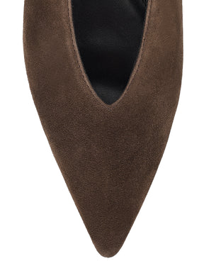 Women's chocolate brown suede flat pump with pointed toe
