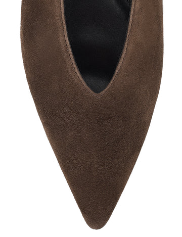 Women's chocolate brown suede flat pump with pointed toe
