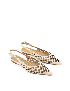 Women's white leather slingback flats laser cut upper with adjustable buckles