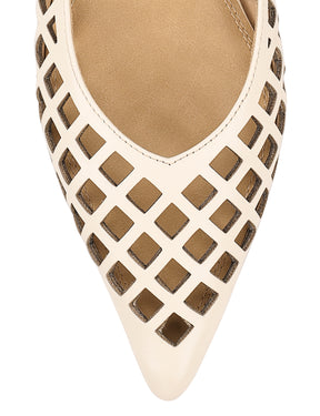 Women's white leather slingback flats laser cut upper with adjustable buckles