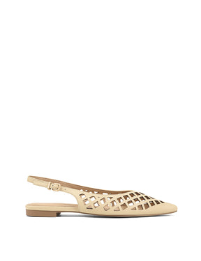 Women's custard yellow leather slingback flats laser cut upper with adjustable buckles