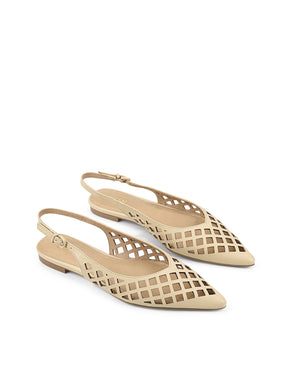 Women's custard yellow leather slingback flats laser cut upper with adjustable buckles