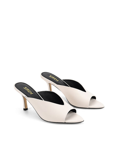 Women's open toe pointed stiletto heeled mule in chalk white leather