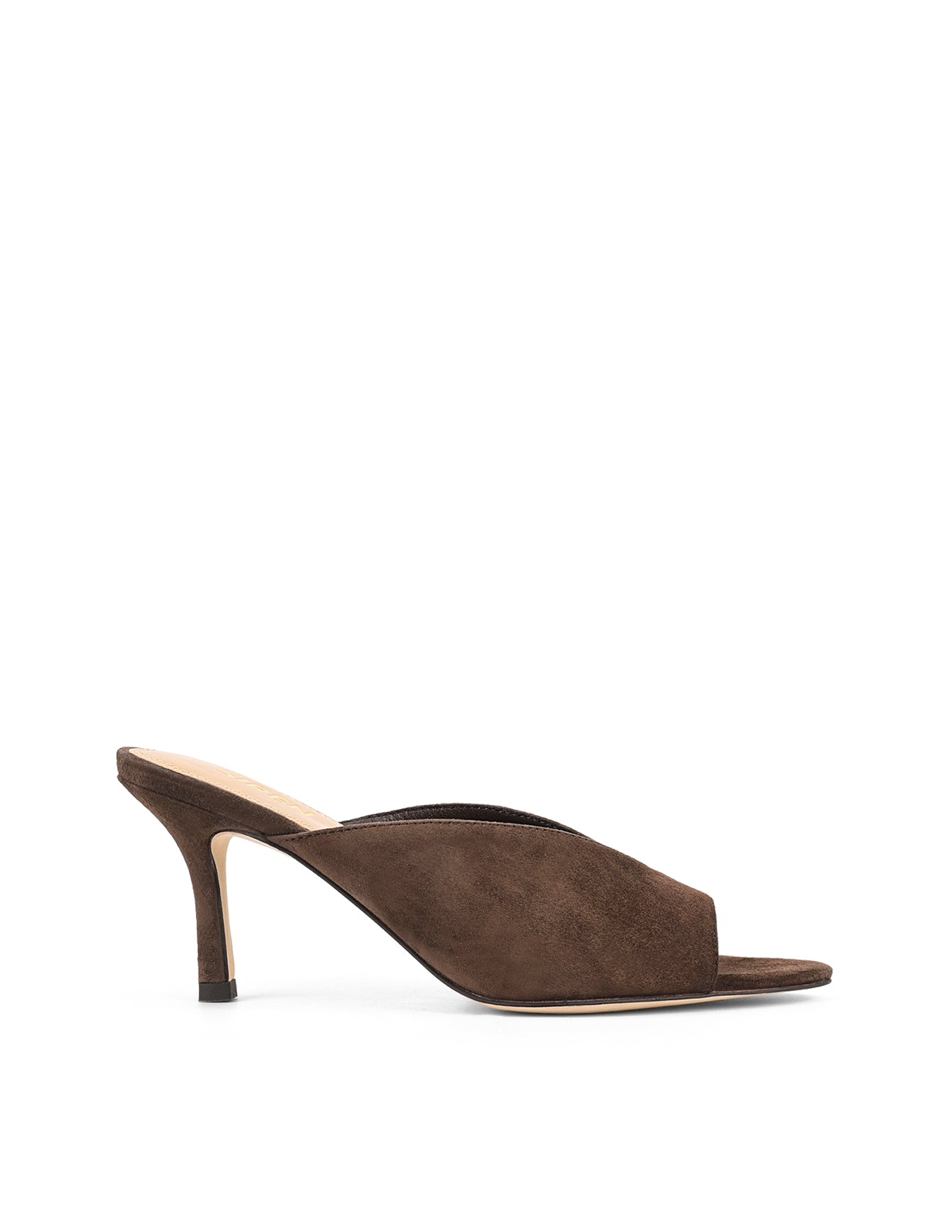 Women's chocolate suede stiletto mule with v cut throat