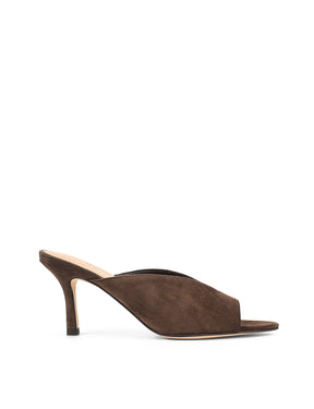 Women's chocolate suede stiletto mule with v cut throat