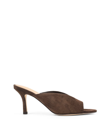Women's chocolate suede stiletto mule with v cut throat