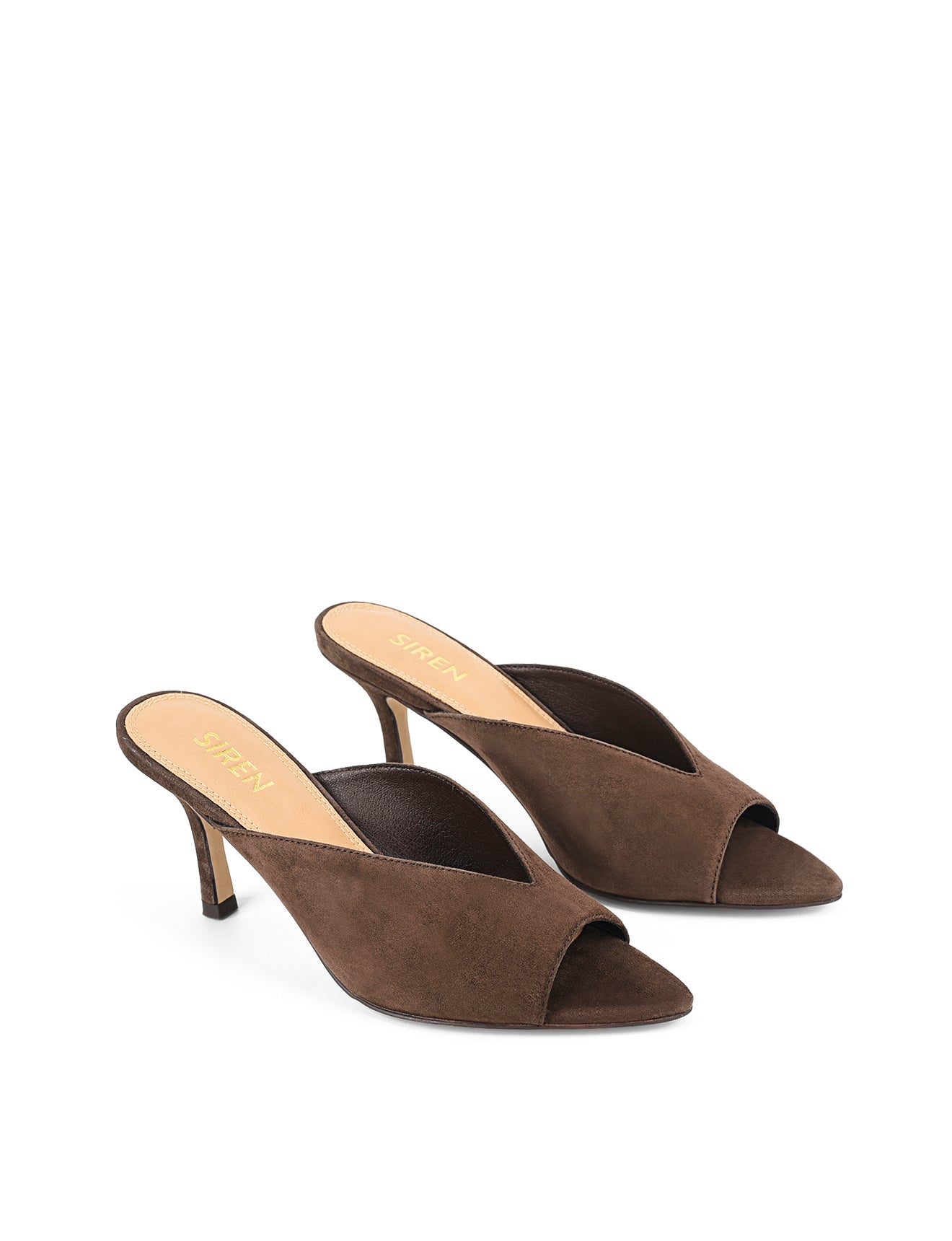 Women's chocolate suede stiletto mule with v cut throat