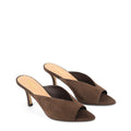 Women's chocolate suede stiletto mule with v cut throat