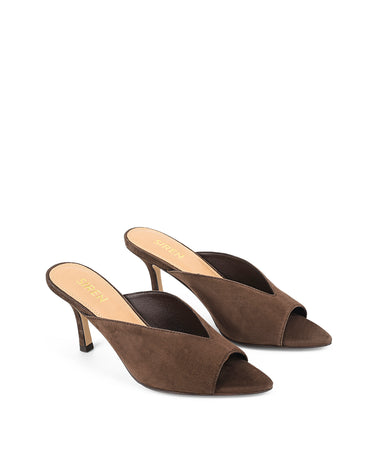 Women's chocolate suede stiletto mule with v cut throat